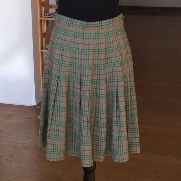 Olive/orange Tartan plaid pleated skirt - Picture 3 of 4